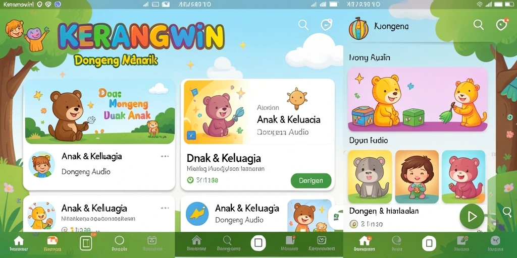 Antarmuka aplikasi KERANGWIN dengan berbagai pilihan dongeng audio.