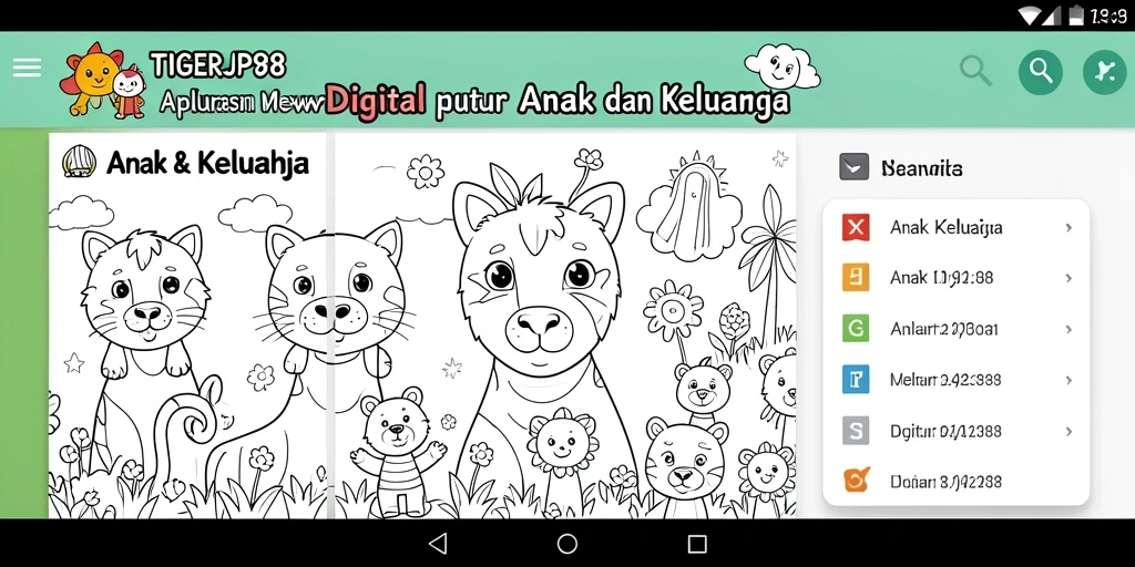 Tampilan antarmuka aplikasi Mewarnai Digital TIGERJP88 yang berwarna-warni dan ramah anak.